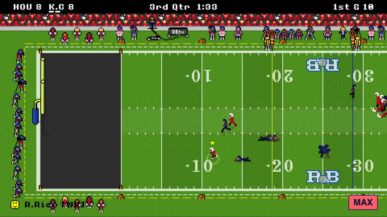 Retro Bowl online: a receiver shakes six diving defenders on his way to the end zone